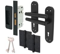 EAI Black Door Handle Key Lock Set, 1 Pair Matt Black Internal T-Bar Handles, Hinges (76mm), Sash Lock (64mm) - Oliena