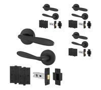 EAI Black Door Handle Latch Set, 4 Pairs Matt Black Internal Lever on Round Rose Door Handles, Latches 64mm, Hinges 76mm - Sarno Range