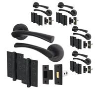 EAI Black Door Handle Latch Set - Pack of 5 | Round T-Bar Internal Door Handles, Latch (64mm), Hinges (76mm) | Matt Black Lever On Rose | Novoli Range