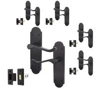 EAI Black Door Handle Latch Set - Victorian Scroll Shaped | 5 Pairs of Internal Matt Black Lever Latch Handles on Backplate & Latches (64mm)