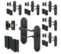 EAI Black Door Handle Latch Set - Victorian Scroll Shaped | 6 Pairs of Internal Matt Black Lever Latch Handles on Backplate with Hinges (76mm) & Latch (64mm)