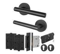 EAI Black Door Handle with Euro Lock Double Cylinder Set, 1 Pair Internal Matt T-Bar Round Rose Door Handles, Locks, Hinges - Oliena Range