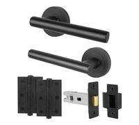 EAI Black Door Handles Latch Set, 1 Pair of Internal Matt T-Bar Round Rose Handles, Latch 64mm, Hinges 64mm - Oliena Range
