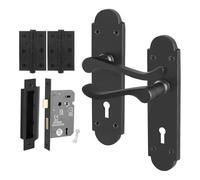 EAI Black Door Handles Lock Set, 1 Pair Internal Matt Black Victorian Scroll Shaped Backplate Handles, Hinges and Lock 64mm