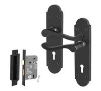 EAI Black Door Handles Lock Set, 1 Pair of Internal Matt Black Victorian Scroll Shaped Backplate Handles and Lock 64mm