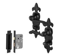 EAI Black Door Handles with Bathroom Lock 64mm - Fleur De LYS