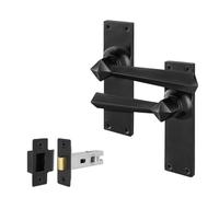 EAI Black Door Handles with Latch 64mm - Iron Tudor | Complete Latch Kit with 1 Pair of Lever on Backplate Door Handles, 64mm Latch, Fixings Included
