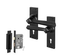 EAI Black Door Handles with Sash Lock 64mm - Iron Tudor | Complete Sash Lock Kit with 1 Pair of Lever on Backplate Door Handles, 64mm Sash Lock, Fixings Included