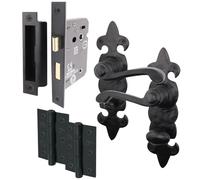 EAI Black Fleur De LYS Bathroom Door Handle Set | 1 Pair of Black Antique, Cast Iron Internal Lever Handles on Backplate with Hinges (76mm) & Lock (80mm)