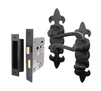 EAI Black Fleur De LYS Bathroom Door Handle Set | 1 Pair of Black Antique, Cast Iron Internal Lever Handles on Backplate with Lock (64mm)