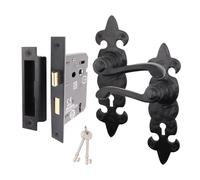 EAI Black Fleur De LYS Door Handle Key Lock Set | 1 Pair of Black Antique, Cast Iron Internal Lever Lock Handles on Backplate with SashLock (64mm) & Keys