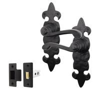 EAI Black Fleur De LYS Door Handle Latch Set | 1 Pair of Black Antique, Cast Iron Internal Lever Handles on Backplate & Latch (64mm)