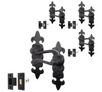 EAI Black Fleur De LYS Door Handle Latch Set | 4 Pairs of Black Antique, Cast Iron Internal Lever Handles on Backplate & Latch (64mm)