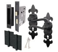 EAI Black Fleur De LYS Door Handles Key Lock Set | 1 Pair of Black Antique, Cast Iron Internal Lever Lock Handles on Backplate with Hinges (76mm), SashLock (80mm) & Keys