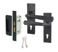 EAI Black Iron Door Handle Key Lock Set | 1 Pair of Black Antique, Cast Iron Internal Lever Handles on Backplate with Sash Lock (64mm) & Keys | Tudor Range