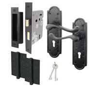 EAI Black Iron Door Handle Sash Lock Pack | 1 Pair of Black Antique Keylock Handles, 64mm Sashlock, Keys & 76mm Hinges