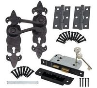 EAI Black Iron Door Handles Fleur De Lys Iron Door Handles Lever Lock Pack - Cast Iron - Black Antique