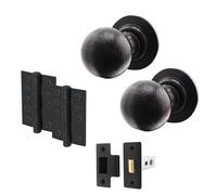 EAI Black Iron Door Knob Set - 1 Pair of Cast Iron Antique Ball Mortice Knobs, Latch (76mm) & Hinges (76mm)