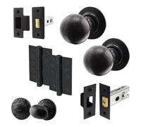 EAI Black Iron Door Knob Set - 1 Pair of Cast Iron Ball Mortice Knobs, Latch & Deadbolt (76mm), Hinges (76mm) & Turn & Release