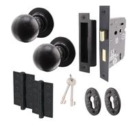 EAI Black Iron KeyLock Door Knob Set - 1 Pair of Cast Iron Antique Ball Mortice Knobs, Sash Lock (80mm) & Hinges (76mm)