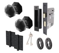 EAI Black Iron KeyLock Door Knob Set - 1 Pair of Cast Iron Antique Octagonal Mortice Knobs, Sash Lock (80mm) & Hinges (76mm)