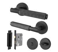 EAI Black Knurled Door Handle Bathroom Set, 1 Pair of Internal Matt Black Round Rose Door Handles and Lock 64mm - Dolton Range