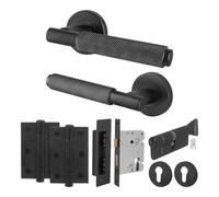 EAI Black Knurled Door Handle Euro Lock Thumbturn Cylinder Set, 1 Pair Internal Matt Black Round Rose Door Handles, Locks, Hinges - Dolton