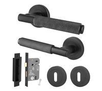 EAI Black Knurled Door Handle Key Lock Set, 1 Pair of Internal Matt Black Round Rose Door Handles and Sash Lock 64mm - Dolton Range
