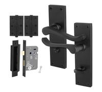 EAI Black Victorian Scroll Bathroom Handle Set, 1 Pair Matt Black Internal Lever Door Handles on Backplate, Lock 64mm and Hinges