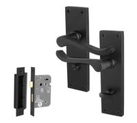 EAI Black Victorian Scroll Bathroom Handle Set, 1 Pair of Matt Black Internal Lever Door Handles on Backplate and Lock (64mm)