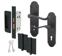 EAI Black Victorian Scroll Door Handle Set - 1 Pair of Internal Matt Black Lever Lock Handles on Backplate With Hinges (76mm), Sash (64mm) & Keys