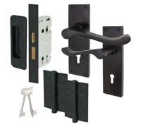 EAI Black Victorian Scroll Door Handle Set | Matt Black Internal Lever Lock Handles (76mm), Sash Lock (80mm) & Keys