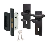 EAI Black Victorian Scroll Door Handle With Lock Set - Matt Black Internal Lever Handles on Backplate With Sash Lock (64mm) & Keys