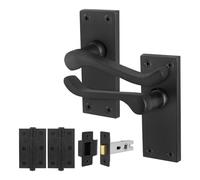 EAI Black Victorian Scroll Latch Handle Set, 1 Pair Matt Black Internal Lever Door Handles on Backplate, Latch 64mm and Hinges