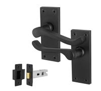 EAI Black Victorian Scroll Latch Handle Set, 1 Pair of Matt Black Internal Lever Door Handles on Backplate and Latch (64mm)
