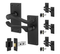 EAI Black Victorian Scroll Latch Handle Set, 4 Pairs of Matt Black Internal Lever Door Handles on Backplate and Latch (64mm)