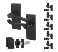 EAI Black Victorian Scroll Latch Handle Set, 6 Pairs Matt Black Internal Lever Latch Handles on Backplate, Latch 64mm and Hinges