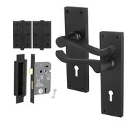 EAI Black Victorian Scroll Lock Handle Set, 1 Pair Matt Black Internal Lever Door Handles on Backplate, Lock (64mm) and Hinges