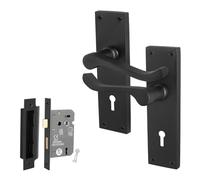 EAI Black Victorian Scroll Lock Handle Set, 1 Pair of Matt Black Internal Lever Door Handles on Backplate and Lock (64mm)