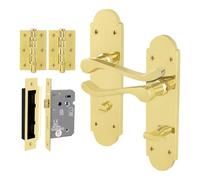 EAI Brass Bathroom Door Handle Set, 1 Pair Internal Polished Brass Victorian Scroll Shaped Backplate, Hinges and Lock 64mm