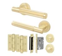 EAI Brass Door Handle Bathroom Set, Satin Brass Internal Door Handle with 64mm Bathroom Lock and 76mm Hinges, Oruro Range 1 Pack