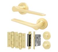 EAI Brass Door Handle Bathroom Set, Satin Brass Internal Door Handle with 64mm Bathroom Lock and 76mm Hinges, Tarna Range 1 Pack
