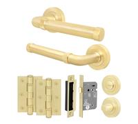 EAI Brass Door Handle Bathroom Set, Satin Brass Internal Door Handle with 64mm Bathroom Lock and 76mm Hinges, Santo Range 1 Pack