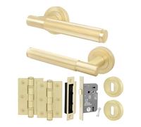 EAI Brass Door Handle Key Lock Set, Satin Brass Internal Door Handle with 64mm Lock and 76mm Hinges, Oruro Range 1 Pack
