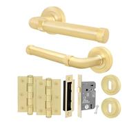 EAI Brass Door Handle Key Lock Set, Satin Brass Internal Door Handle with 64mm Lock and 76mm Hinges, Santo Range 1 Pack