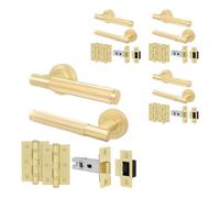 EAI Brass Door Handle Latch Set, Satin Brass Internal Door Handle with 64mm Latch and 76mm Hinges, Oruro Range 4 Pack