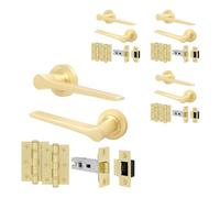 EAI Brass Door Handle Latch Set, Satin Brass Internal Door Handle with 64mm Latch and 76mm Hinges, Tarna Range 4 Pack