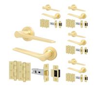 EAI Brass Door Handle Latch Set, Satin Brass Internal Door Handle with 64mm Latch and 76mm Hinges, Tarna Range 5 Pack
