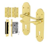 EAI Brass Door Handles Lock Set, 1 Pair Internal Polished Brass Victorian Scroll Backplate Handles, Hinges and Lock 64mm