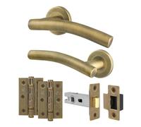 EAI Brass Door Handles Round Rose, 1 Pair of Antique Brass Curved Internal Lever Handles, Latch 64mm and Hinges - Arche